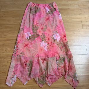 Y2k Pink Floral Maxi Skirt Womens 10 Tropical Hibiscus Handkerchief Hem Boho